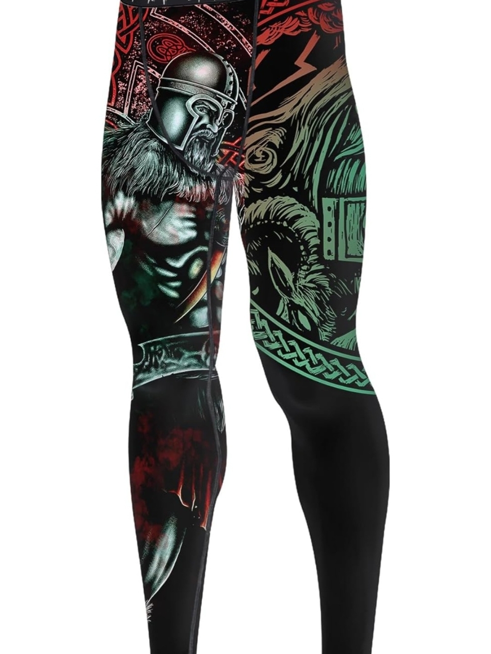 Viking Graphic Leggings in Black with Red & Green Artwork